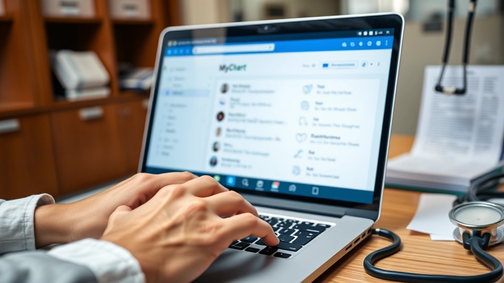 Close-up of hands typing on laptop keyboard in medical office, MyChart patient portal visible on screen, documents and stethoscope nearby, professional healthcare environment, warm office lighting
