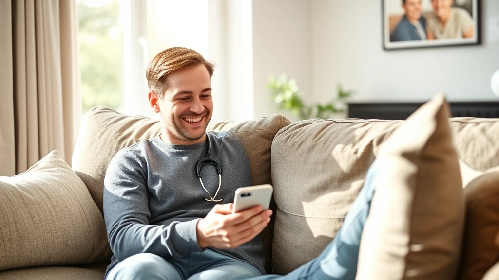 Young adult patient sitting on comfortable couch at home, smiling while looking at smartphone screen showing health records and appointment calendar, natural home interior, afternoon sunlight through window, relaxed confident posture