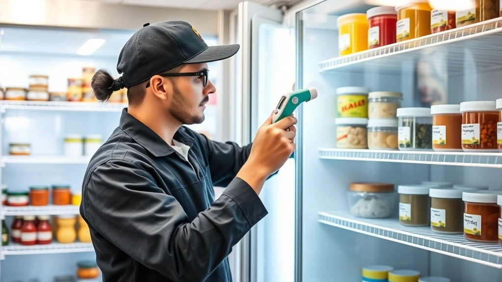 Professional food service worker in clean kitchen checking refrigerator temperature with digital thermometer, organized shelves with labeled containers, bright natural lighting, photorealistic
