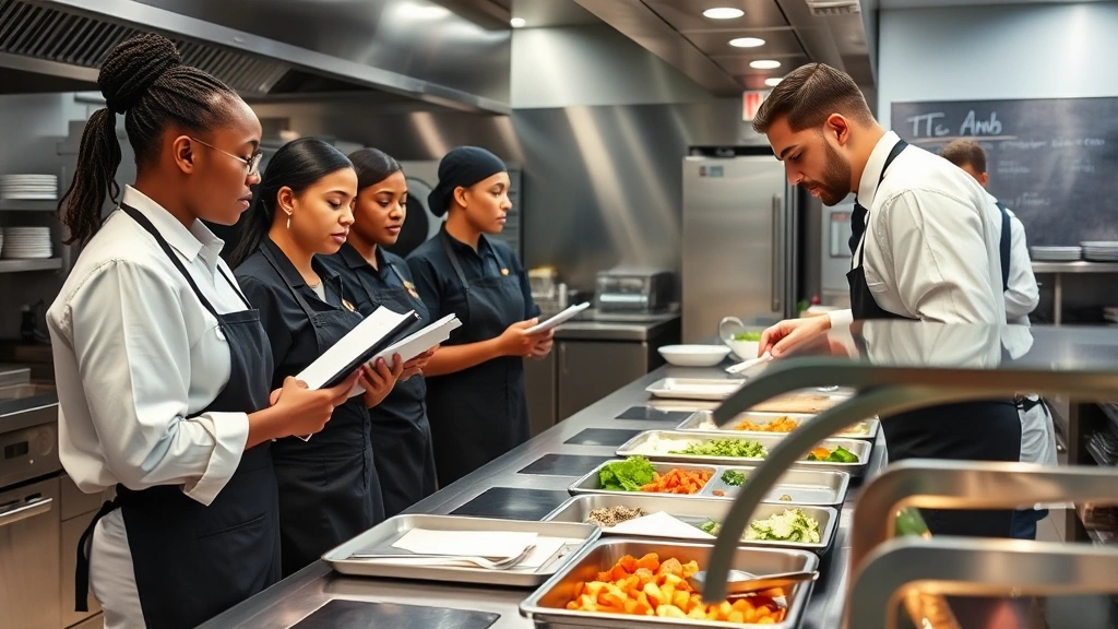 Restaurant manager training diverse staff on food safety procedures at a clean prep station, staff members taking notes, modern kitchen setting with stainless steel equipment, professional atmosphere