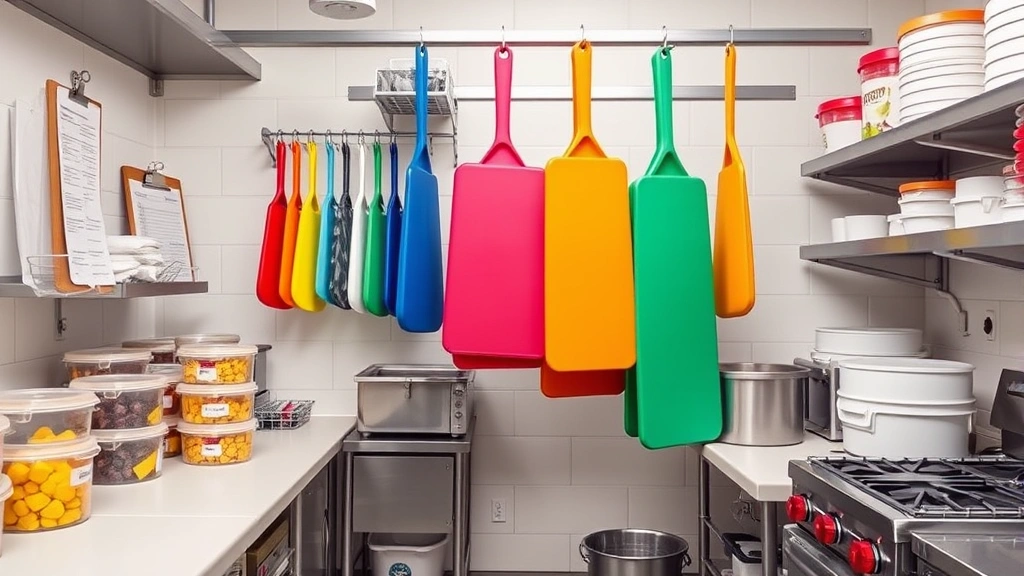 Organized kitchen facility with color-coded cutting boards hanging, labeled storage containers, clean surfaces and equipment, documentation clipboard visible on wall, professional food service environment