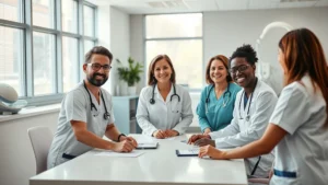 Professional healthcare workers in modern medical facility having collaborative team meeting around table, diverse group smiling, natural spring sunlight through windows, contemporary clinical environment with medical equipment visible in background