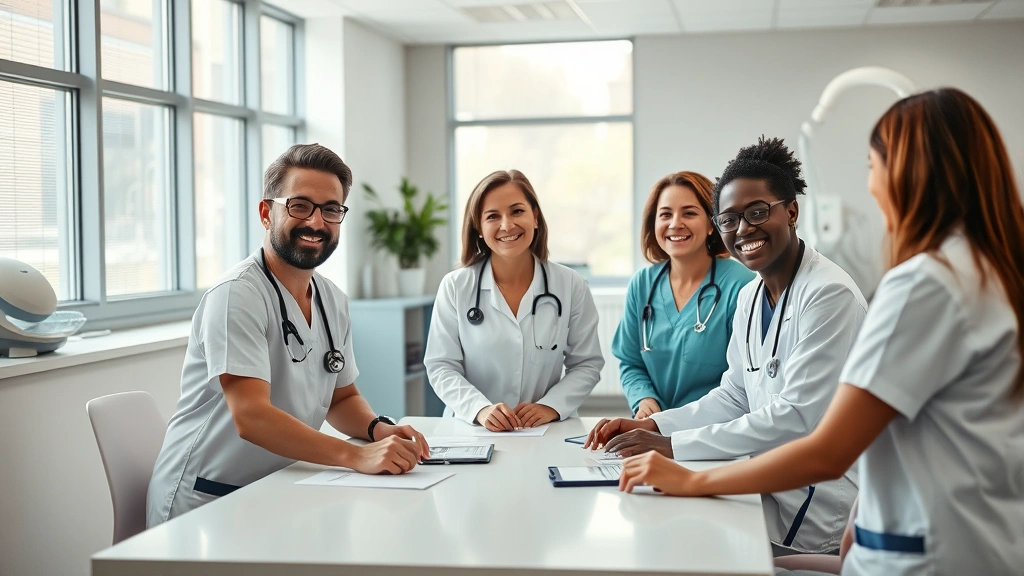 Professional healthcare workers in modern medical facility having collaborative team meeting around table, diverse group smiling, natural spring sunlight through windows, contemporary clinical environment with medical equipment visible in background