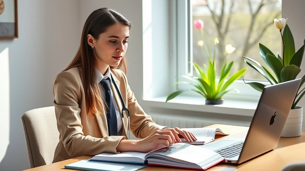 Young adult student in professional attire studying healthcare certification materials at desk with laptop and textbooks, spring flowers visible on windowsill, focused expression, bright natural lighting, modern home office setup