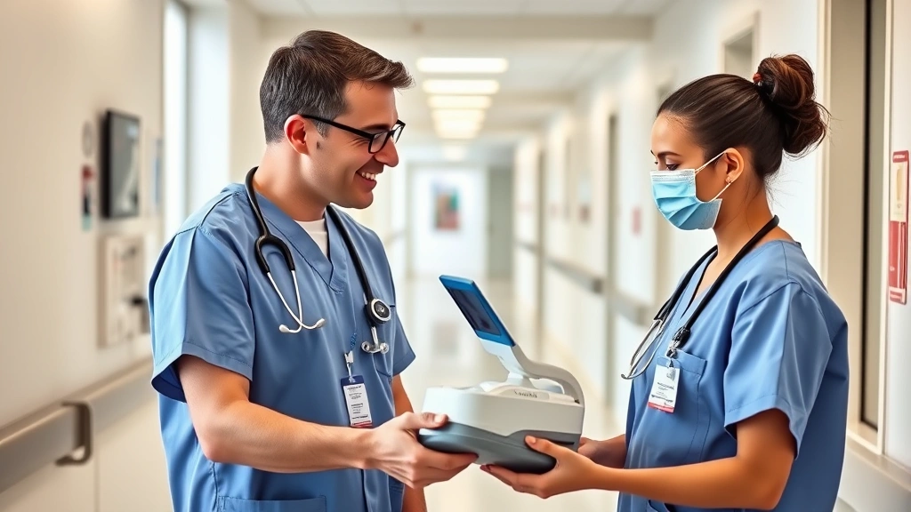 Healthcare professional in scrubs mentoring younger colleague in clinical setting, teaching moment with patient care equipment, warm interpersonal interaction, modern hospital corridor, natural lighting suggesting daytime spring hours