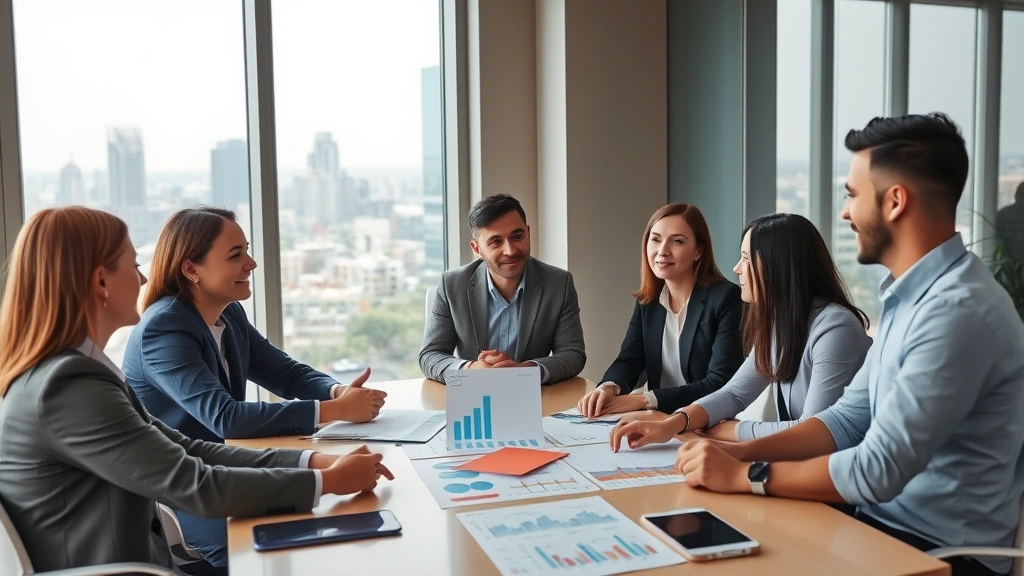 Diverse group of professionals in business casual attire discussing financial growth around conference table with graphs and wealth building charts visible, collaborative atmosphere, modern workspace with city views