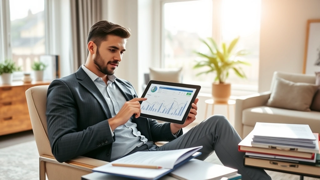 Successful individual reviewing investment dashboard on tablet while sitting in upscale home office, surrounded by financial planning materials, confident posture, natural daylight streaming through windows