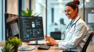 Professional healthcare provider securely logging into digital health platform on desktop computer with modern office background, showing confident healthcare professional