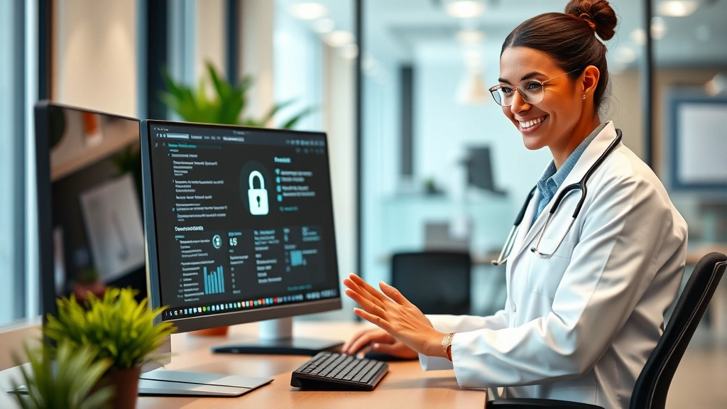 Professional healthcare provider securely logging into digital health platform on desktop computer with modern office background, showing confident healthcare professional