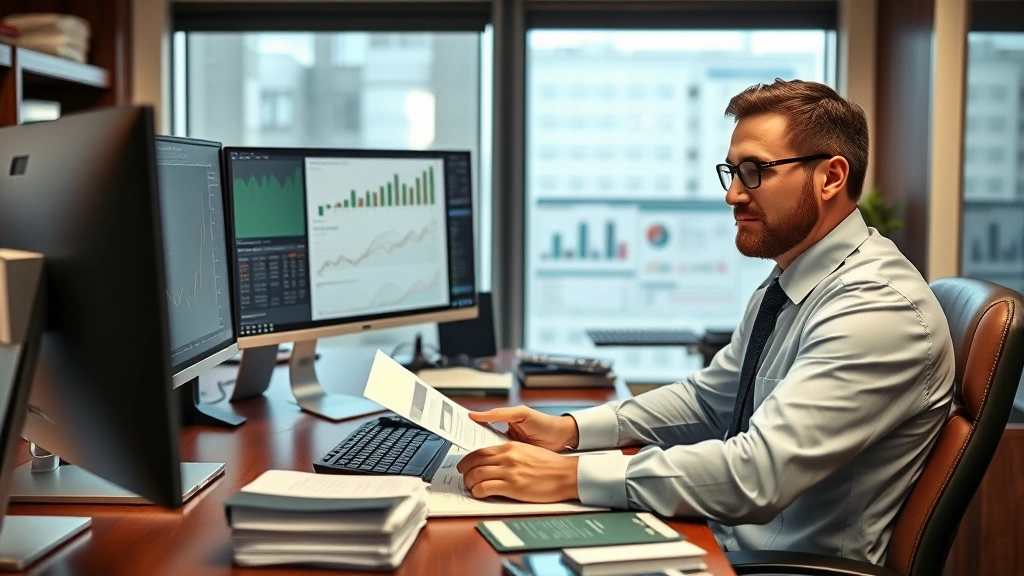 Professional investor reviewing financial charts and portfolio statements at mahogany desk with multiple computer monitors, wearing business attire, natural office lighting, confident expression, stacks of financial documents visible
