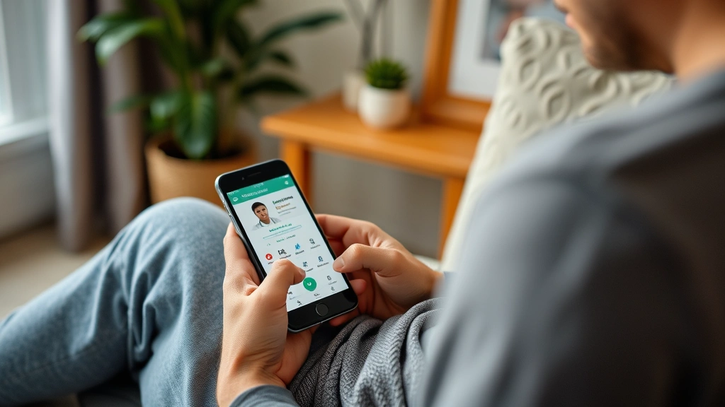 Person using Spruce Health mobile app on smartphone while sitting in comfortable home environment, demonstrating remote healthcare access and patient empowerment