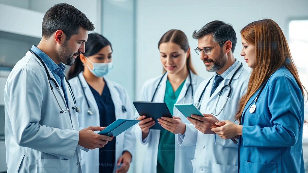 Healthcare team collaborating through secure digital communication system, showing multiple professionals discussing patient care through encrypted messaging platform