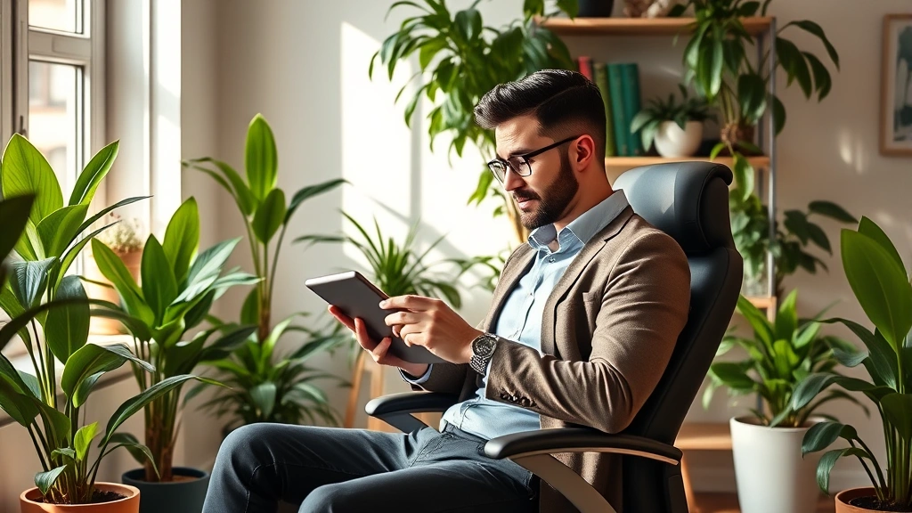 Successful entrepreneur in modern home office surrounded by plants, reviewing investment portfolio on tablet while sitting in ergonomic chair, warm natural lighting, peaceful and organized workspace, wealth success symbolism