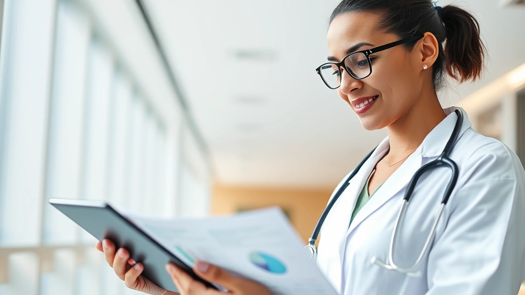 Professional healthcare worker in modern hospital setting reviewing financial documents and investment portfolio on tablet, natural lighting, confident expression, diverse representation