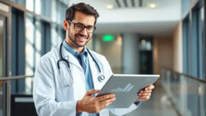 Professional healthcare worker in modern hospital setting reviewing financial documents and investment portfolio on tablet, confident expression, natural lighting, contemporary office environment