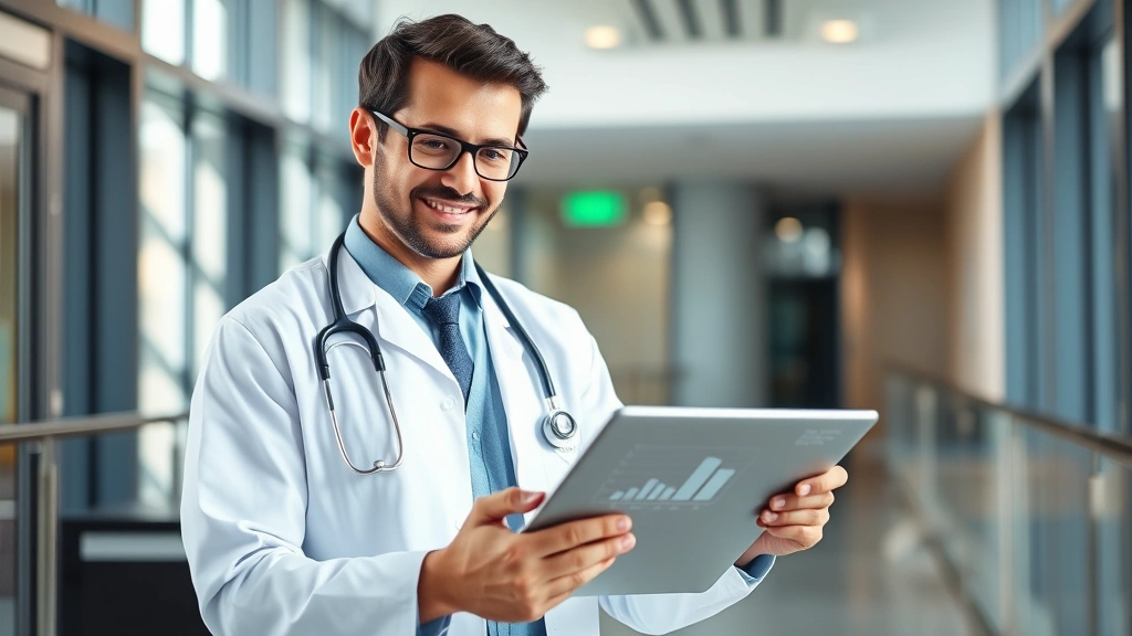 Professional healthcare worker in modern hospital setting reviewing financial documents and investment portfolio on tablet, confident expression, natural lighting, contemporary office environment