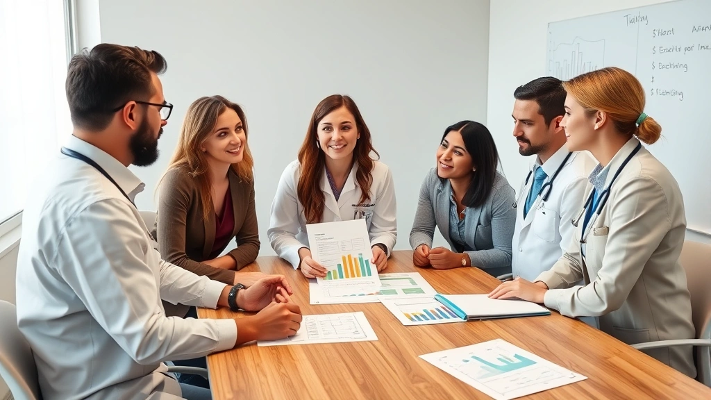 Diverse group of healthcare professionals in casual business attire discussing financial planning around conference table with growth charts and wealth building materials visible