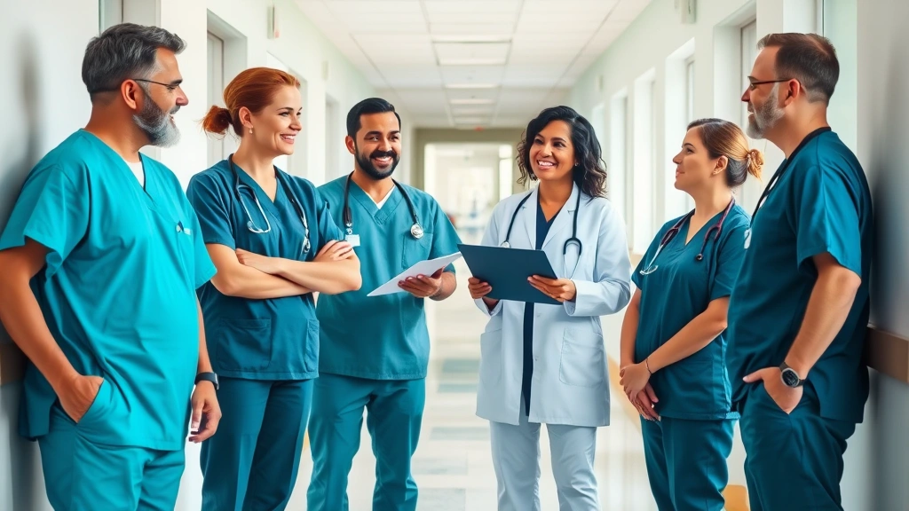 Diverse group of medical professionals in scrubs discussing career advancement and financial planning in bright hospital corridor, collaborative atmosphere, natural daylight