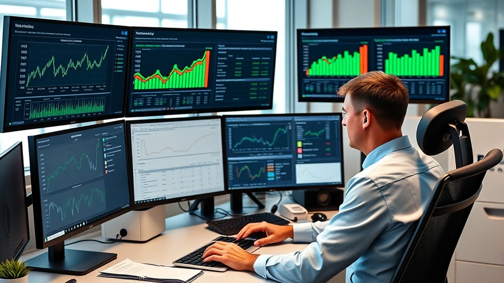 Healthcare professional at desk with multiple screens displaying investment portfolios, retirement accounts, and financial planning software, organized workspace, modern office environment