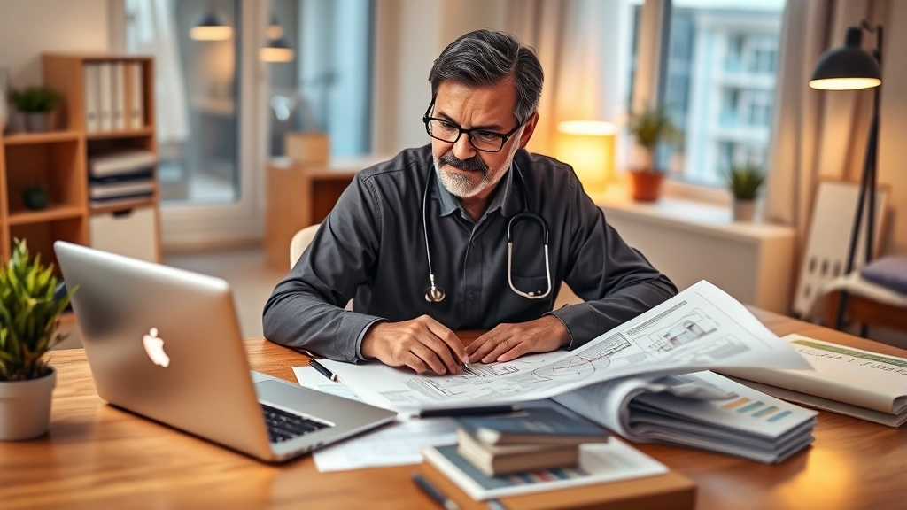 Healthcare professional reviewing real estate property investment documents at home office desk with laptop, charts, and building blueprints visible, focused expression, warm ambient lighting