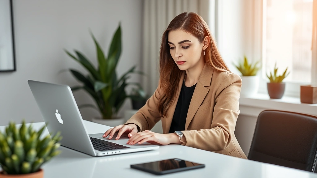 Professional woman sitting at home office desk with laptop, typing password securely, calm focused expression, modern minimalist workspace with plants and natural lighting, cybersecurity protection concept
