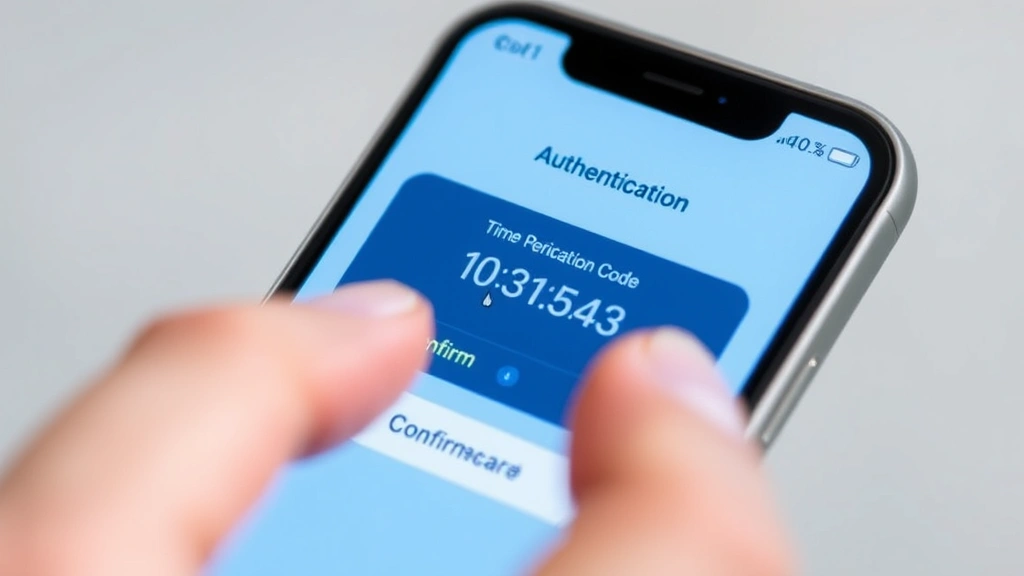 Close-up of smartphone screen showing authentication app with time-based verification code, finger about to tap confirm button, modern UI design, blue and green security indicators, digital trust concept