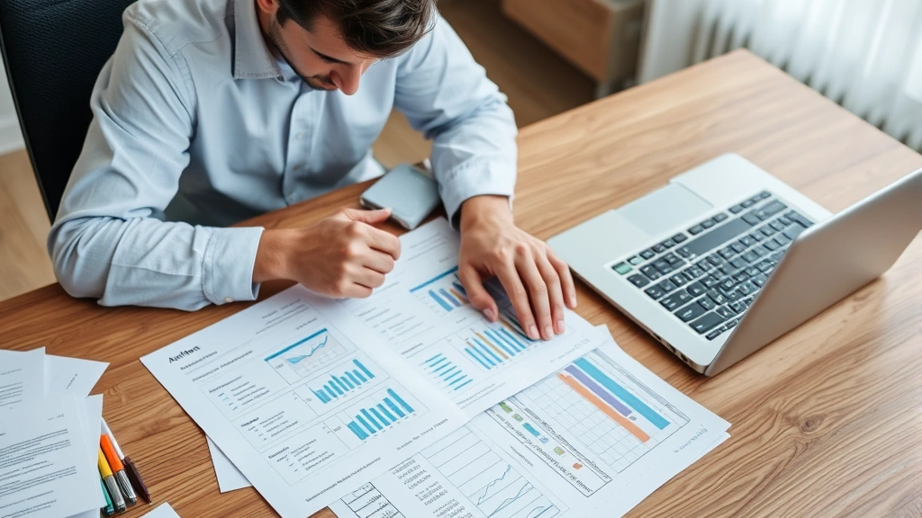 Man reviewing financial documents and credit reports at wooden desk with laptop, checking account security, professional setting with organized papers, focused and confident expression, wealth protection theme