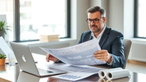 Professional investor reviewing property documents at modern desk with laptop and architectural blueprints, confident expression, natural office lighting, wealth-building focus