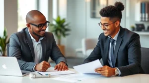 Professional financial advisor reviewing healthcare insurance documents with a diverse client at a modern office desk, both appearing satisfied and engaged in conversation