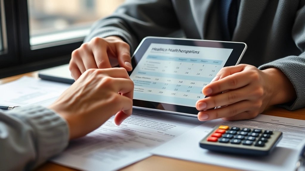Close-up of someone using a tablet to compare healthcare plan options, surrounded by documents and a calculator, natural lighting from office window
