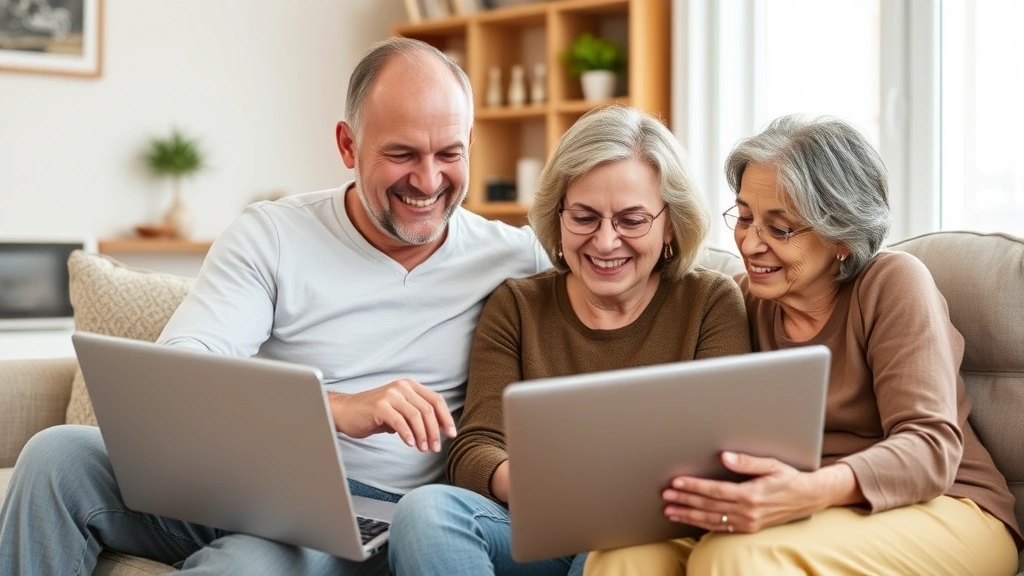 Happy multi-generational family at home reviewing healthcare insurance options together on a laptop, smiling and confident in their decision-making