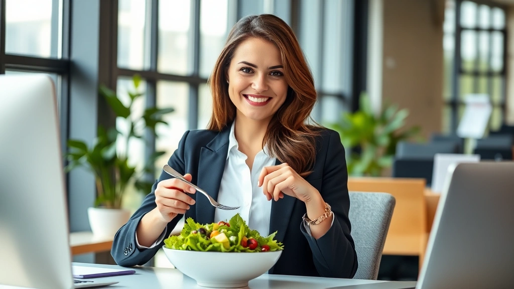 Professional woman in business attire eating a healthy salad at her desk, natural lighting, modern office environment, focused and energized expression