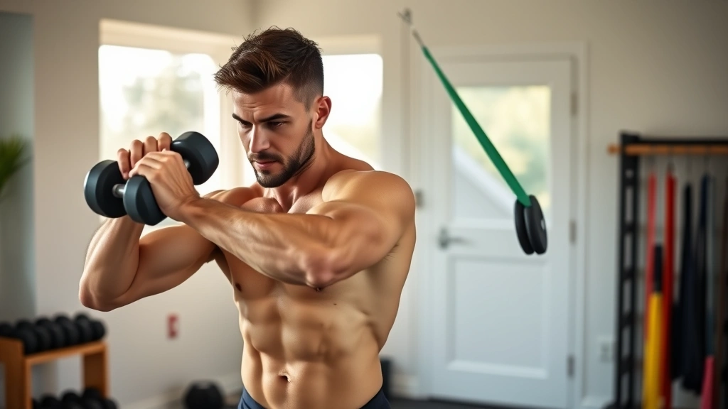 Athletic man performing strength training exercises in a home gym, dumbbells and resistance bands visible, morning sunlight, confident and disciplined demeanor