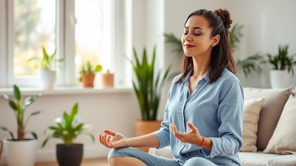 Peaceful professional meditating in a comfortable home setting with plants, soft natural light streaming through windows, serene expression, wellness environment