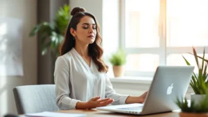 Professional woman meditating at her desk with laptop, peaceful expression, natural light from window, modern office setting, calm and focused demeanor