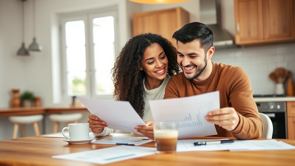 Young diverse couple reviewing financial documents together at kitchen table with coffee, smiling and engaged, warm home environment, organized paperwork visible