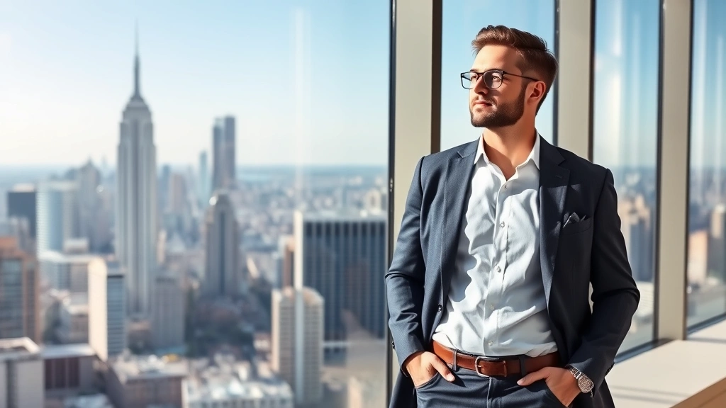 Confident businessman in business casual attire standing near large window overlooking city skyline, contemplative pose, successful and assured appearance, natural daylight