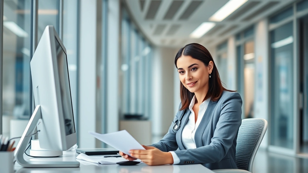 Professional healthcare administrator in modern hospital office reviewing documents at desk with computer, wearing business attire, natural window lighting, confident posture, contemporary medical facility background