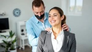 Professional woman in business attire receiving spinal alignment adjustment from chiropractor in modern medical office, both smiling, natural lighting emphasizing wellness and professional care