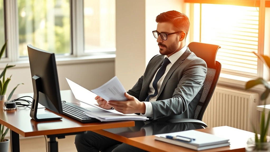 Successful entrepreneur sitting at ergonomic desk with proper posture, natural sunlight streaming through office windows, displaying focus and energy while reviewing financial documents