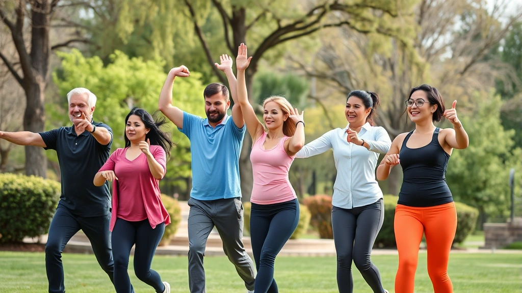 Diverse group of healthy professionals exercising together outdoors in park setting, showing vitality and wellness culture that supports high performance and wealth building