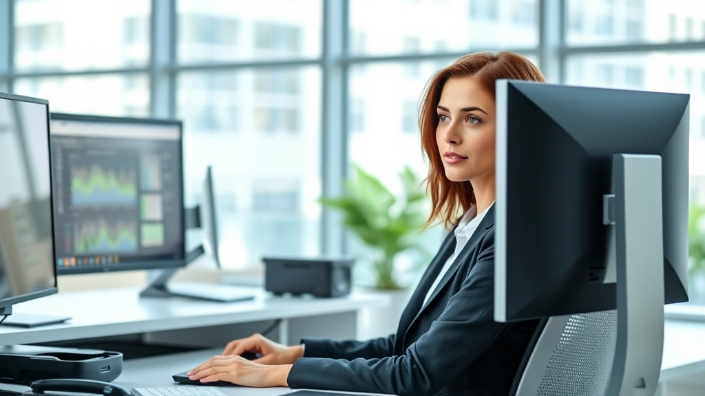 Professional woman in business attire working at modern desk with multiple monitors in bright corporate office setting, focused expression, natural daylight from large windows, contemporary workplace environment