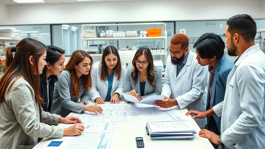Team of diverse professionals in laboratory setting collaborating over data analysis and research documents, engaged discussion around table, scientific equipment visible in background, modern research facility