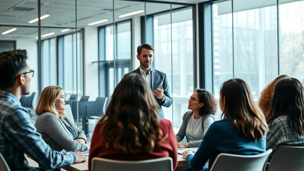 Young professional in business casual clothing presenting to diverse group in modern conference room with glass walls, bright natural lighting, collaborative learning environment, professional presentation