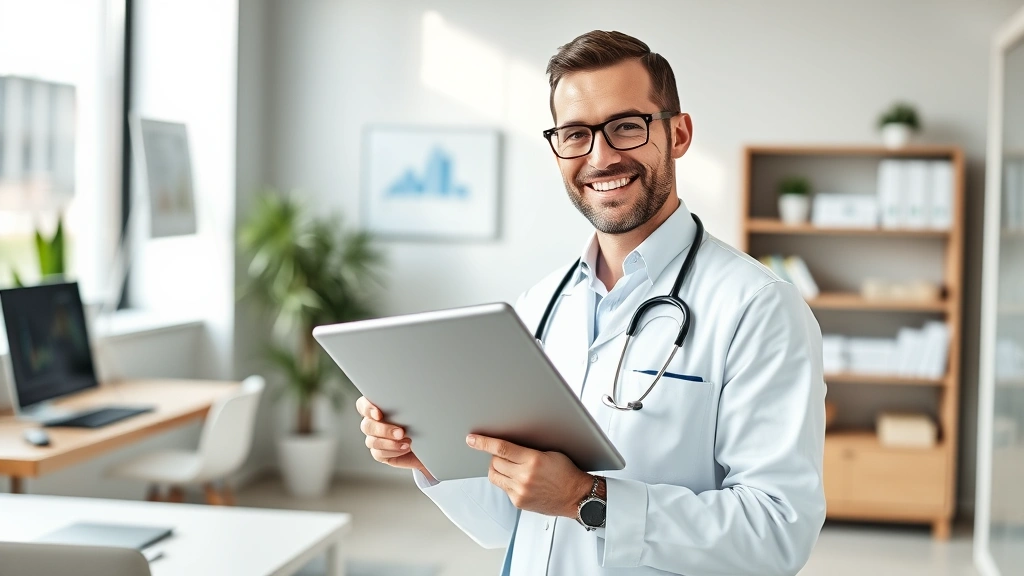 Professional healthcare worker in modern medical office confidently reviewing financial documents and investment portfolio on tablet, natural lighting, modern minimalist workspace