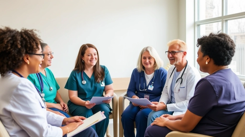 Diverse group of healthcare professionals in community health center discussing retirement planning and financial goals, collaborative positive atmosphere, natural daylight
