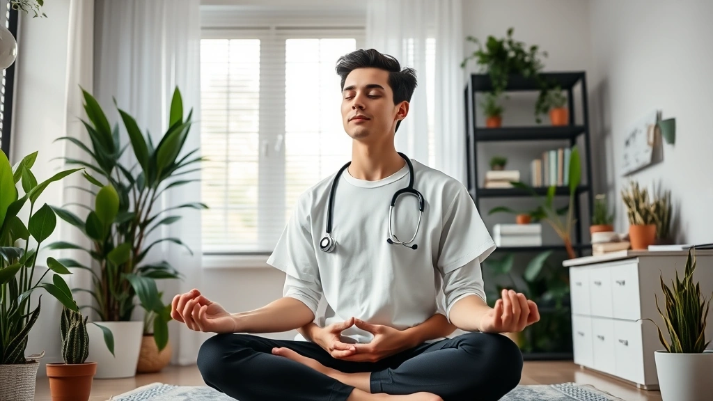 Young healthcare professional meditating peacefully in home office with plants visible, balanced lifestyle representing health-wealth connection, serene composition