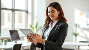 Professional woman in bright modern office reviewing health metrics on tablet computer, wearing business casual attire, natural sunlight, confident expression, contemporary workspace background, photorealistic