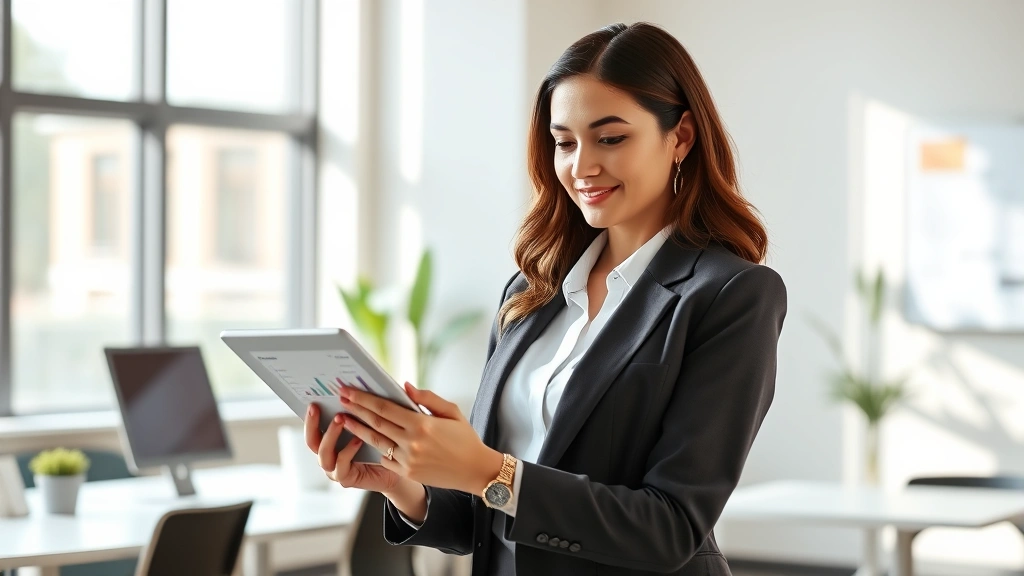 Professional woman in bright modern office reviewing health metrics on tablet computer, wearing business casual attire, natural sunlight, confident expression, contemporary workspace background, photorealistic
