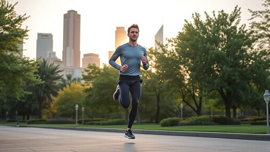 Fit businessman jogging through urban park at sunrise, professional athletic wear, healthy confident posture, green trees and morning light, city skyline background, dynamic energy, photorealistic